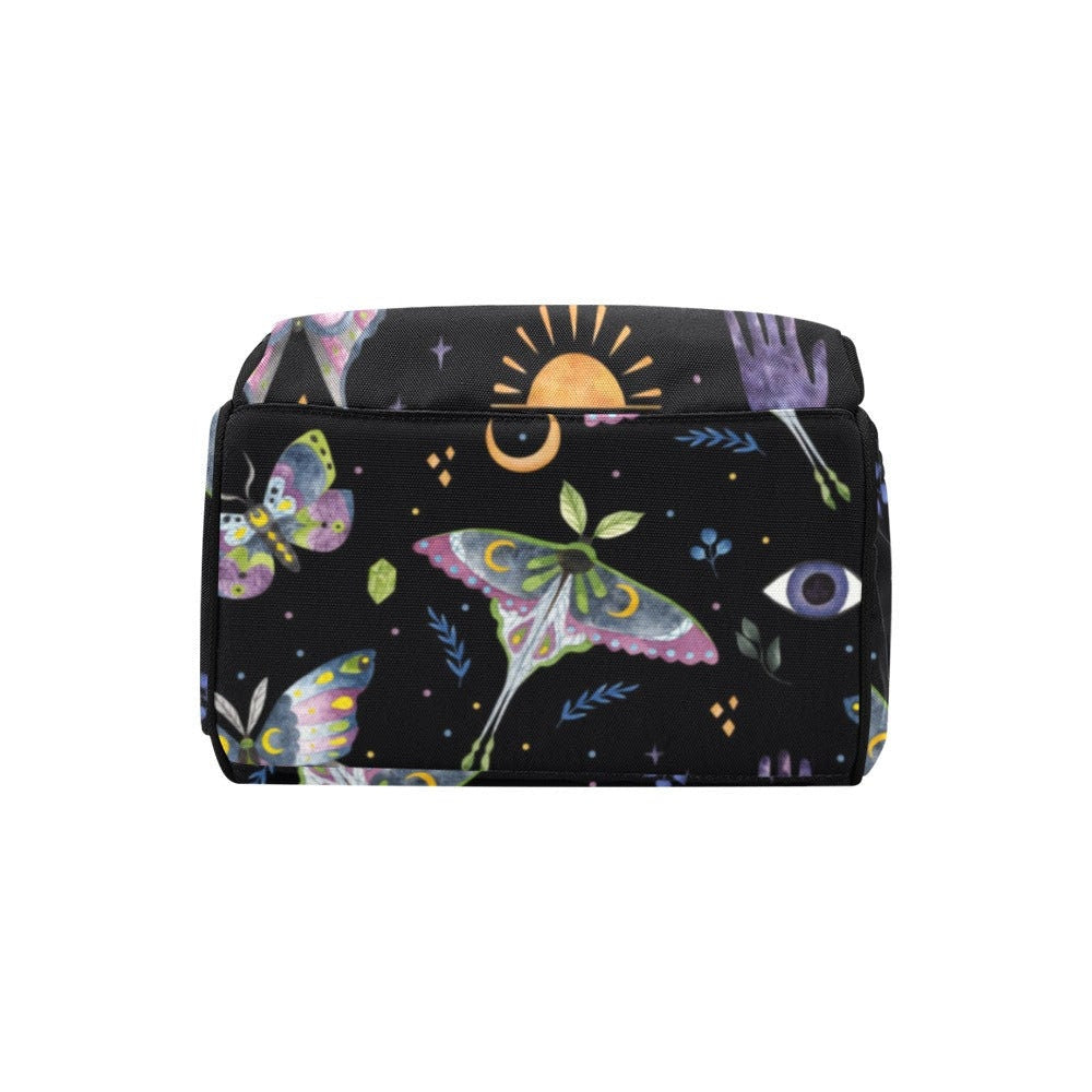 Celestial moth backpack, mystical diaper backpack, boho witch baby changing bag, lunar phases mom travel bag, astrology school backpack