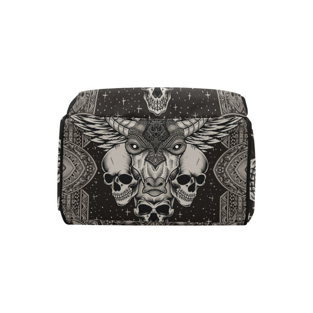 Horned Skull Diaper Backpack, Occult Gothic Baby Bag with Dark Ritual Art