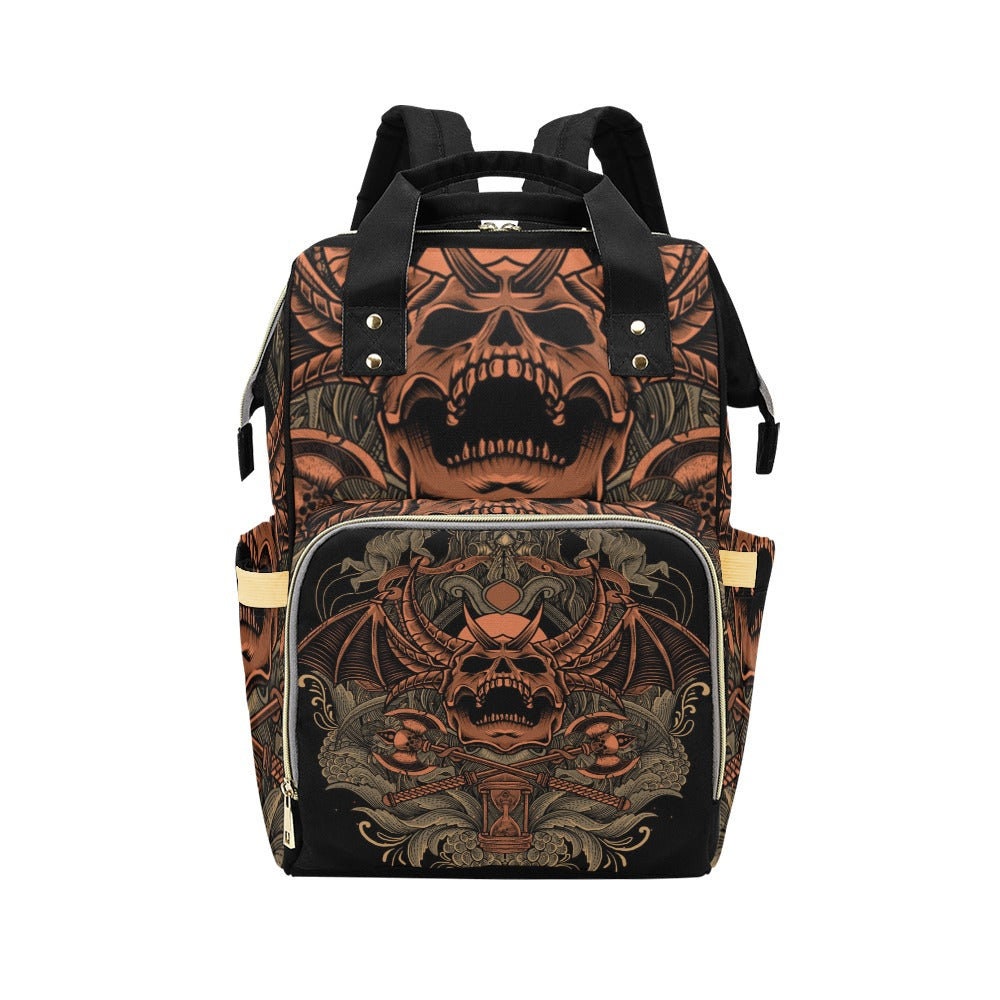 Demon Skull Occult Backpack with Gothic Bone Print, Travel Bag for Everyday, Festival Use