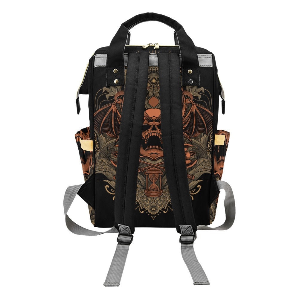Demon Skull Occult Backpack with Gothic Bone Print, Travel Bag for Everyday, Festival Use