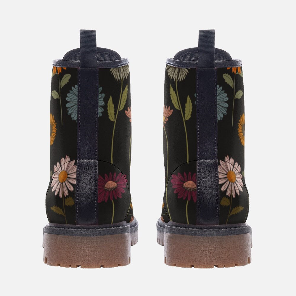 Dark Floral Combat Boots, Gothic Cottagecore Vegan Leather, Fairycore Shoes, Vintage Botanical Boots
