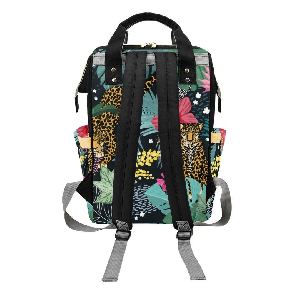 Tropical leopard diaper backpack, jungle flower baby tote, bold safari mom gift, rainforest aesthetic diaper bag,vibrant print baby backpack