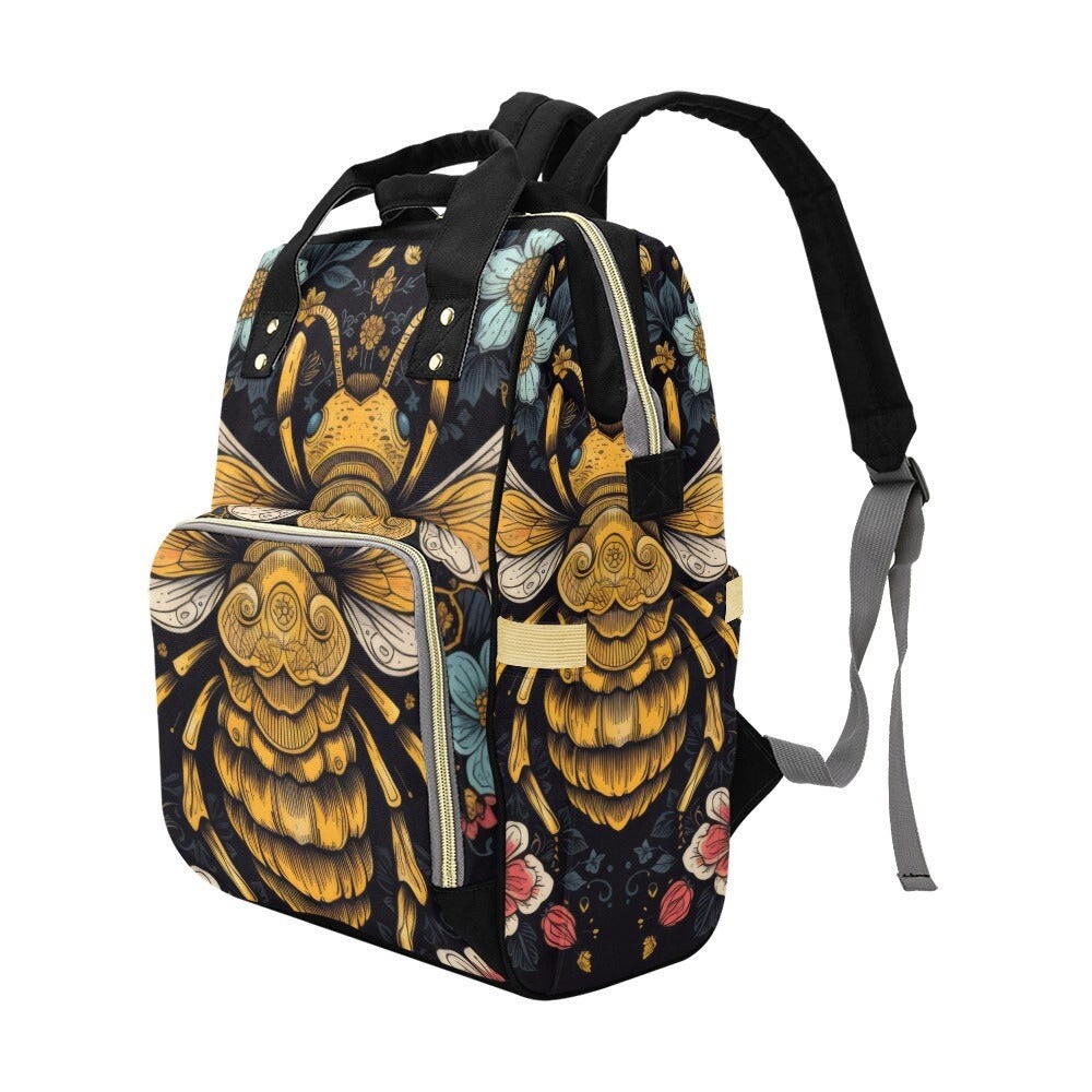 Golden Bee Backpack, Botanical Insect Diaper Bag, Dark Cottagecore Mom Bag, Vintage Bee Print, Boho Nature Backpack, Whimsical Organizer Bag