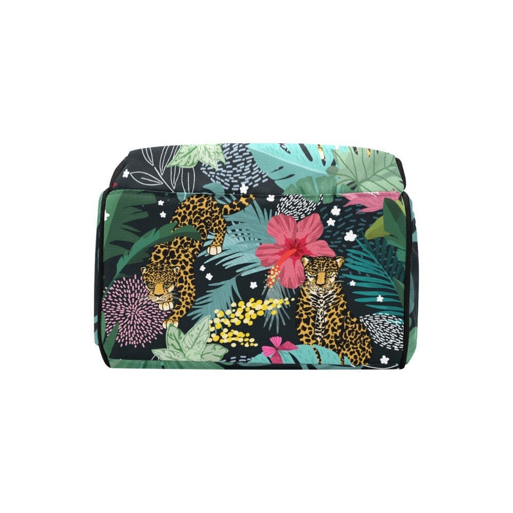 Tropical leopard diaper backpack, jungle flower baby tote, bold safari mom gift, rainforest aesthetic diaper bag,vibrant print baby backpack