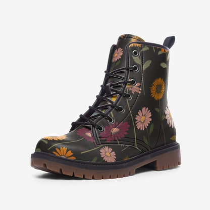Dark Floral Combat Boots, Gothic Cottagecore Vegan Leather, Fairycore Shoes, Vintage Botanical Boots