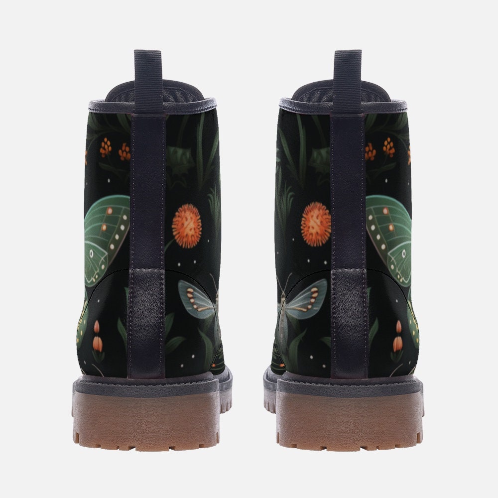 Green moth print boots, enchanted insect lace up shoes, whimsical nature ankle boots, botanical moth footwear, mystical forest combat boots