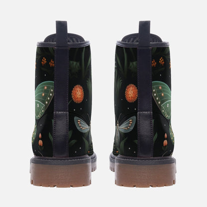 Green moth print boots, enchanted insect lace up shoes, whimsical nature ankle boots, botanical moth footwear, mystical forest combat boots