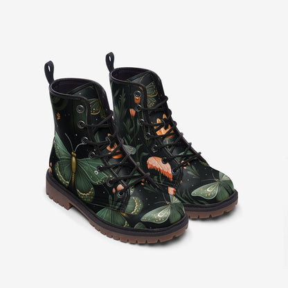 Green moth print boots, enchanted insect lace up shoes, whimsical nature ankle boots, botanical moth footwear, mystical forest combat boots