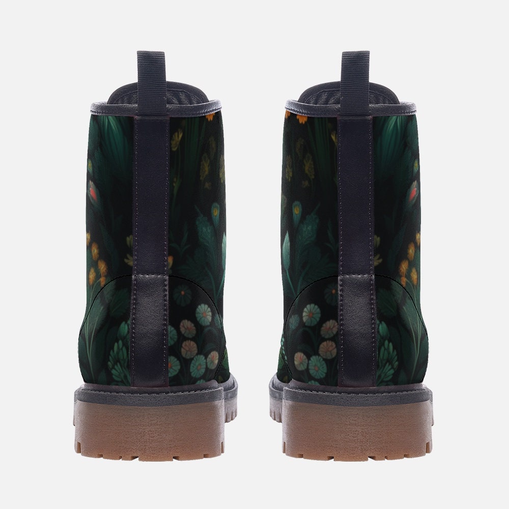 Botanical Forest Combat Boots, Fairycore Vegan Leather Shoes, Gothic Floral Festival Footwear