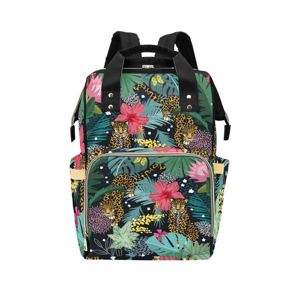 Tropical leopard diaper backpack, jungle flower baby tote, bold safari mom gift, rainforest aesthetic diaper bag,vibrant print baby backpack