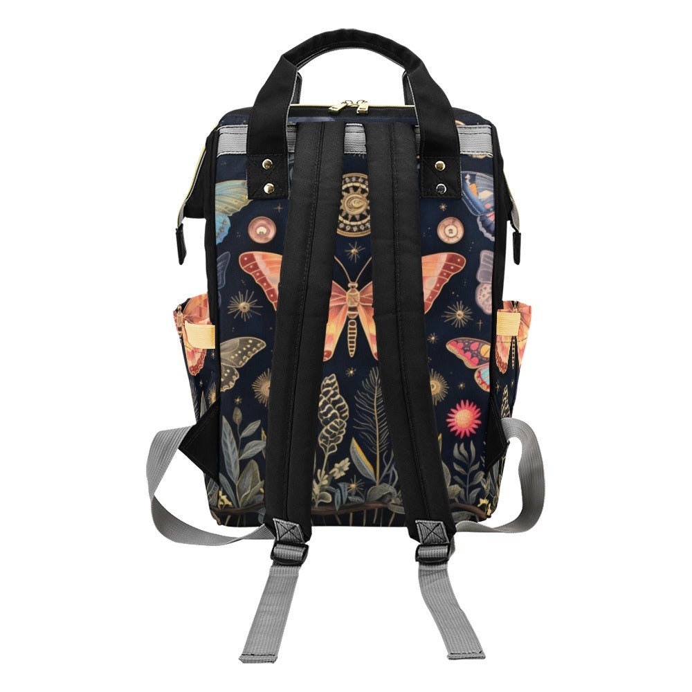 Moth Butterfly Diaper Backpack, Celestial Botanical Baby Bag with Vintage Nature Print
