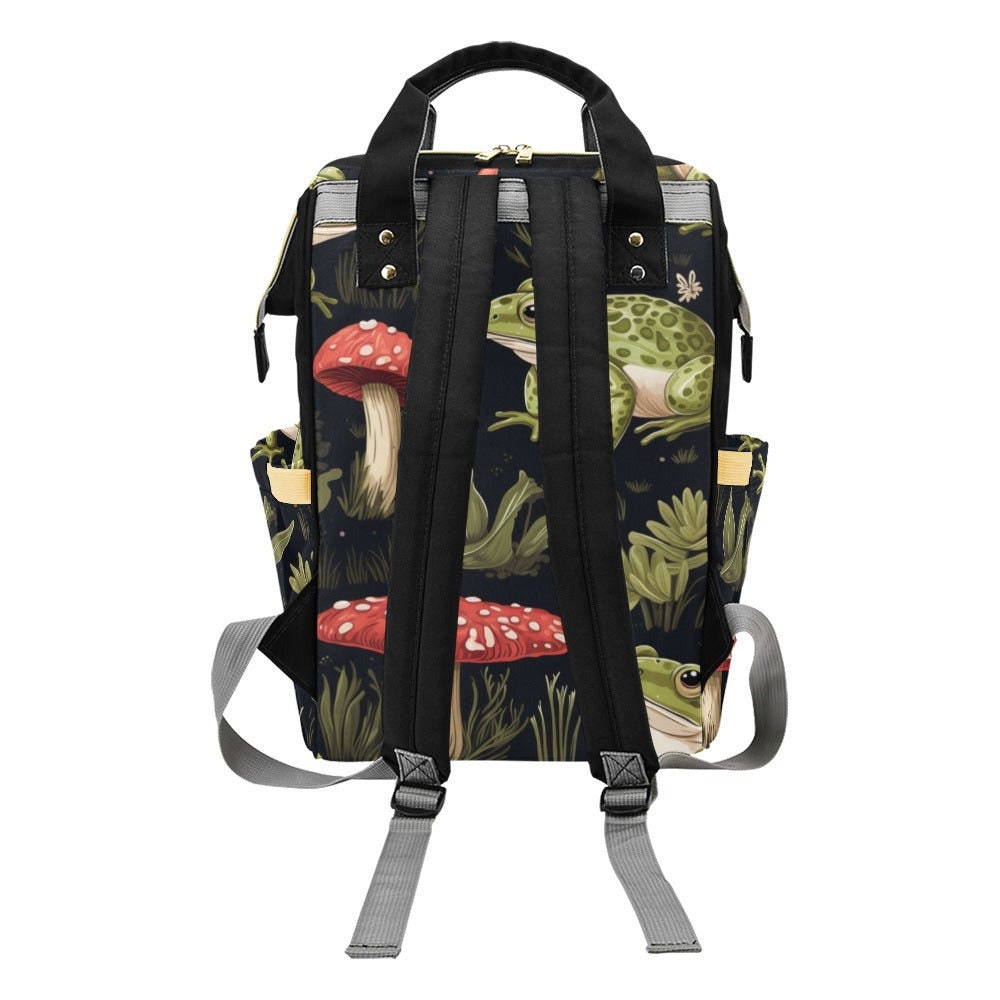 Frog and toadstool diaper bag, woodland amphibian backpack, enchanted forest baby bag, whimsical frog print bag, cottagecore travel backpack