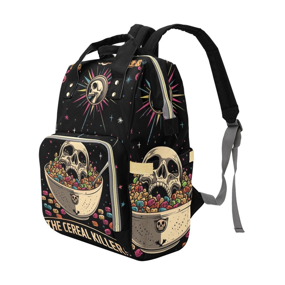 Cereal Killer Diaper Backpack, Funny Skull Mom Bag, Gothic Humor Organizer, Alternative Parenting Gear, Baby Gift Idea, Goth Mom Essentials