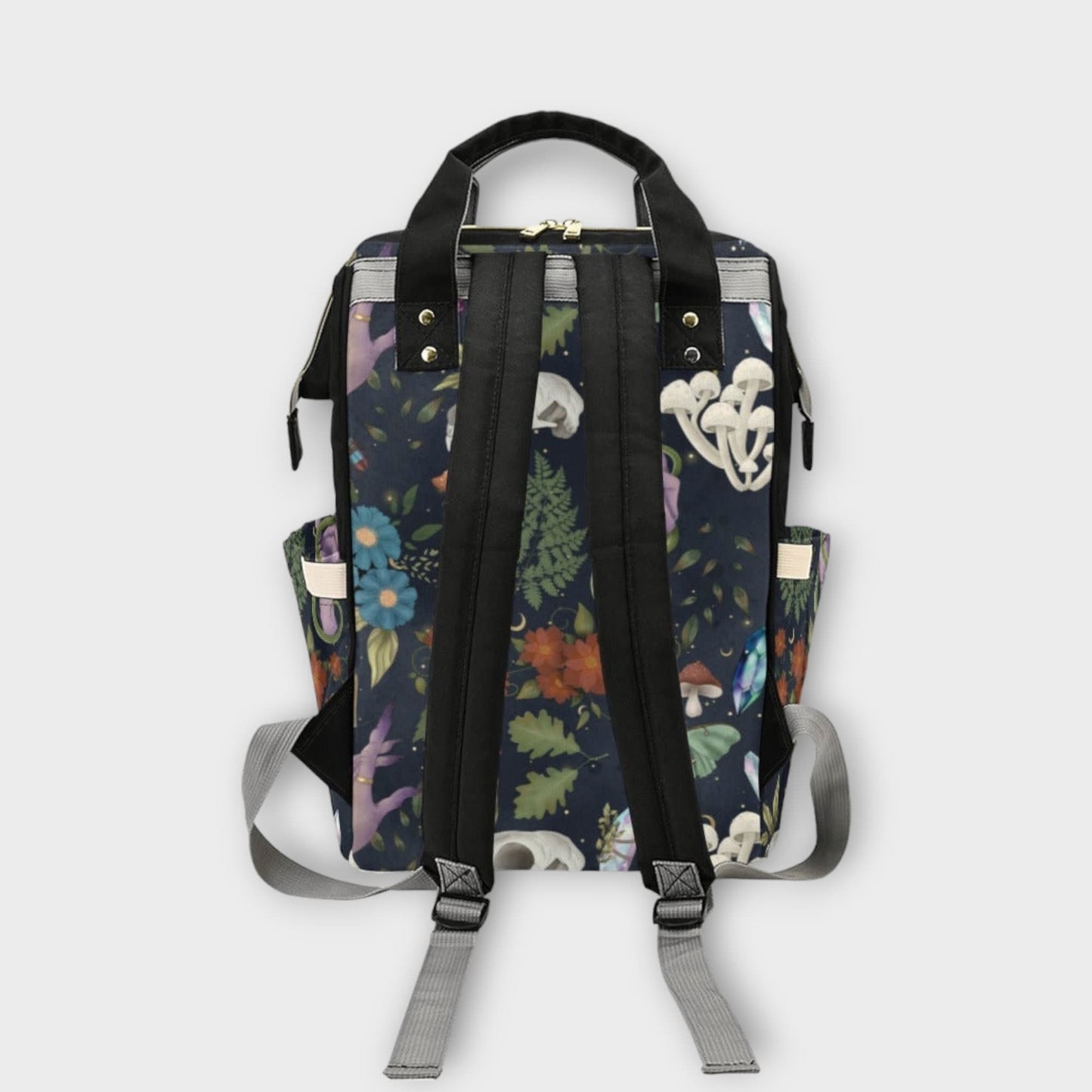 Enchanted forest skull backpack, cottagecore witchy diaper bag, mystical floral print baby bag, occult forestcore festival accessory
