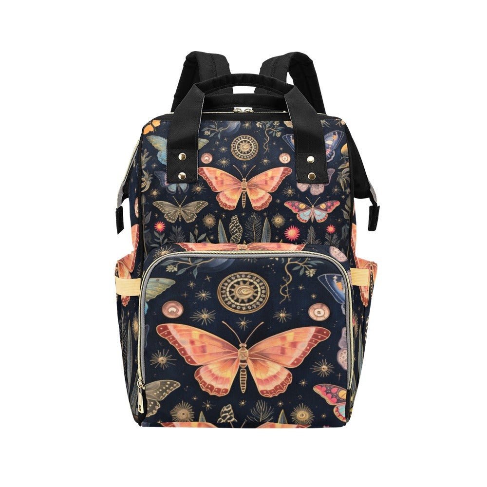 Moth Butterfly Diaper Backpack, Celestial Botanical Baby Bag with Vintage Nature Print