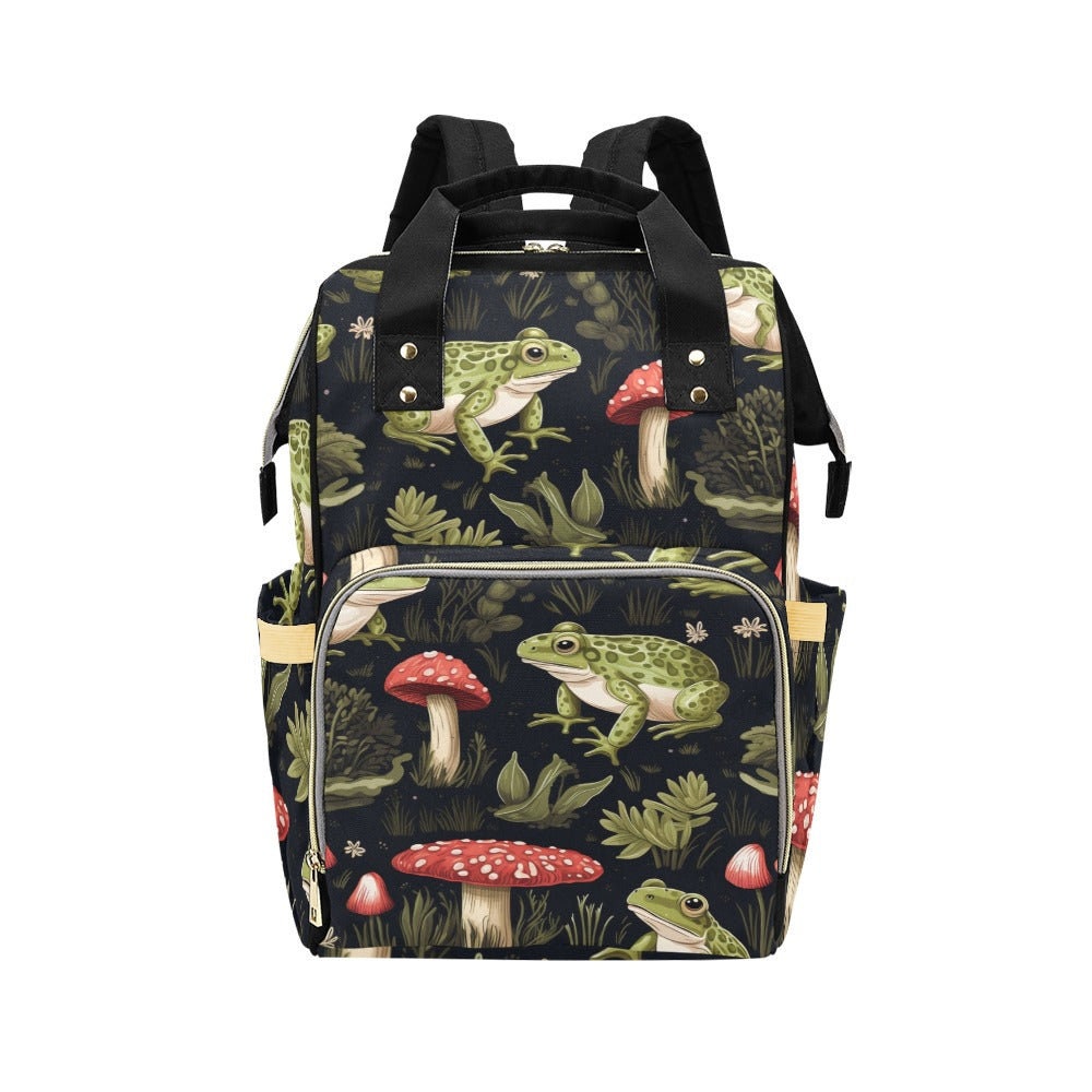 Frog and toadstool diaper bag, woodland amphibian backpack, enchanted forest baby bag, whimsical frog print bag, cottagecore travel backpack