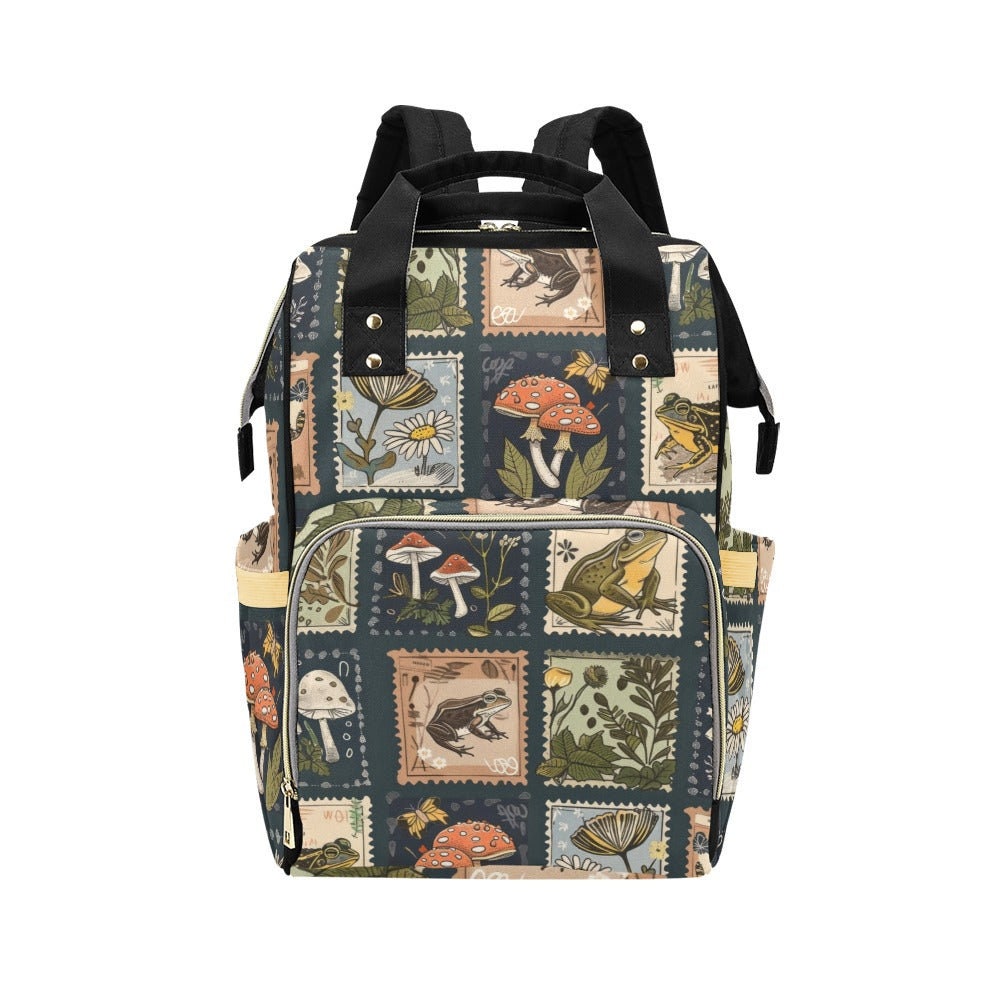 Mushroom frog patchwork bag, woodland cottagecore backpack, enchanted forest diaper bag, fairycore mushroom travel pack, whimsical backpack