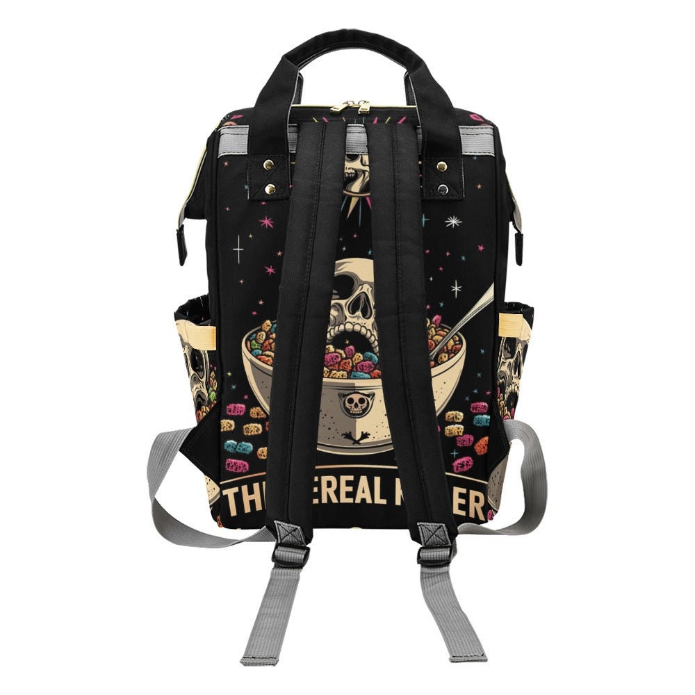 Cereal Killer Diaper Backpack, Funny Skull Mom Bag, Gothic Humor Organizer, Alternative Parenting Gear, Baby Gift Idea, Goth Mom Essentials