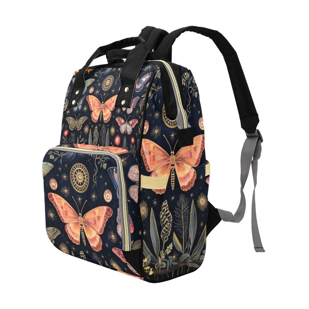 Moth Butterfly Diaper Backpack, Celestial Botanical Baby Bag with Vintage Nature Print