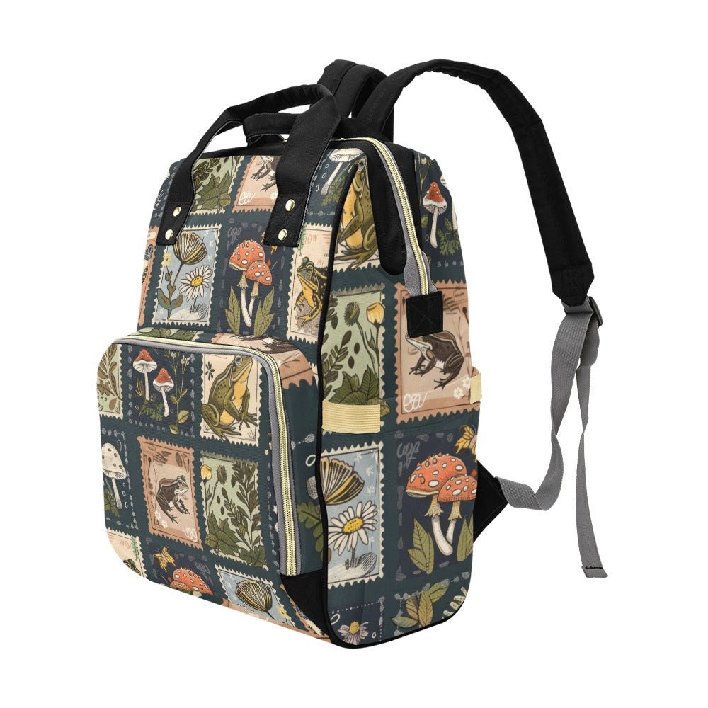 Mushroom frog patchwork bag, woodland cottagecore backpack, enchanted forest diaper bag, fairycore mushroom travel pack, whimsical backpack