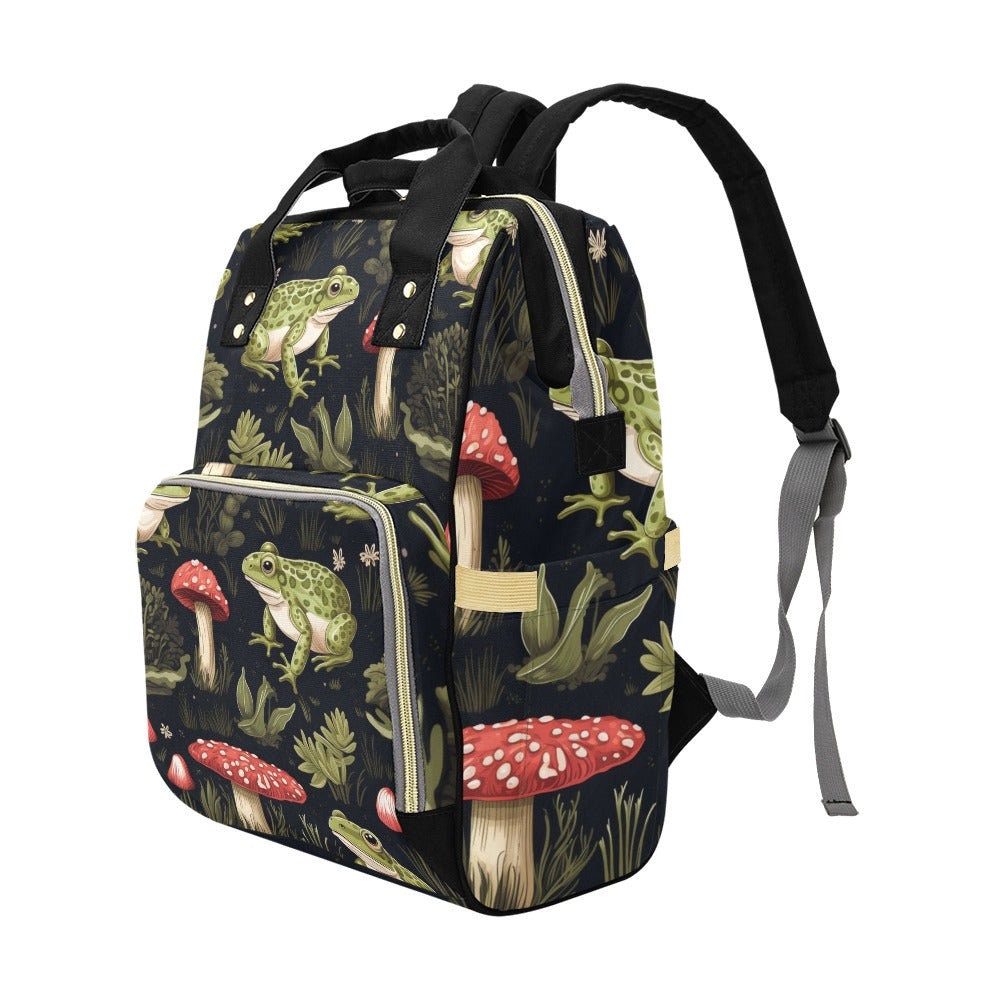 Frog and toadstool diaper bag, woodland amphibian backpack, enchanted forest baby bag, whimsical frog print bag, cottagecore travel backpack