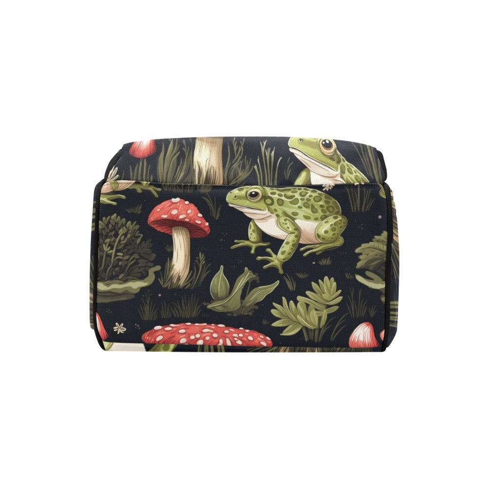 Frog and toadstool diaper bag, woodland amphibian backpack, enchanted forest baby bag, whimsical frog print bag, cottagecore travel backpack