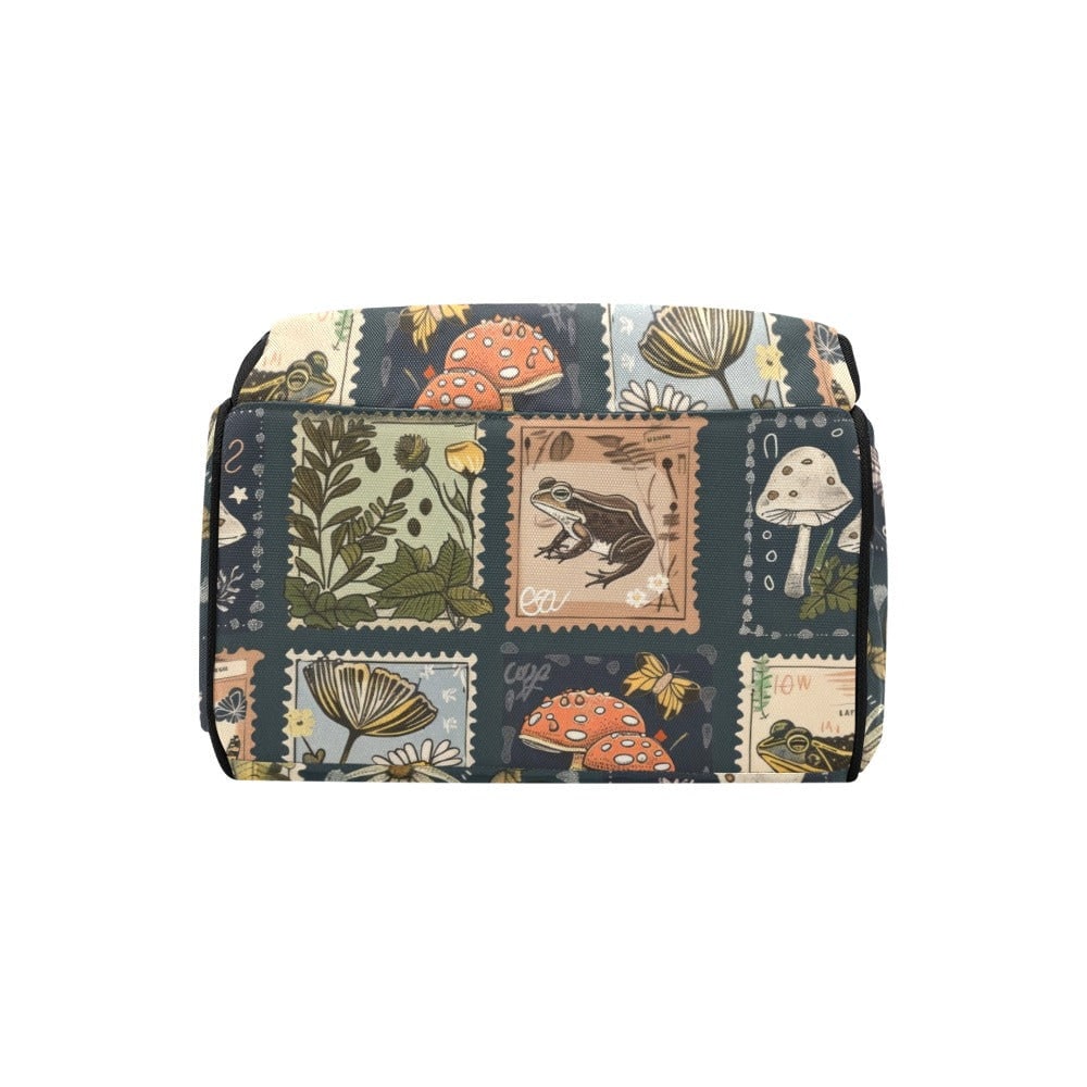 Mushroom frog patchwork bag, woodland cottagecore backpack, enchanted forest diaper bag, fairycore mushroom travel pack, whimsical backpack