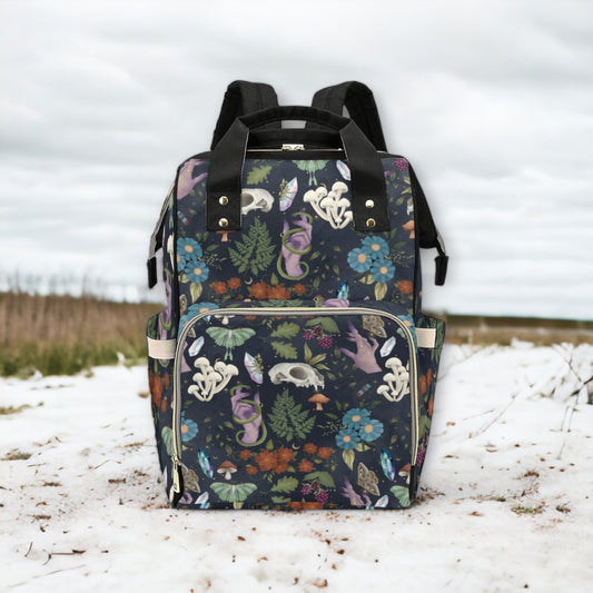 Woodland Mushroom Print Diaper Bag Backpack, Nursery Purse, Vegan Leather Wallet