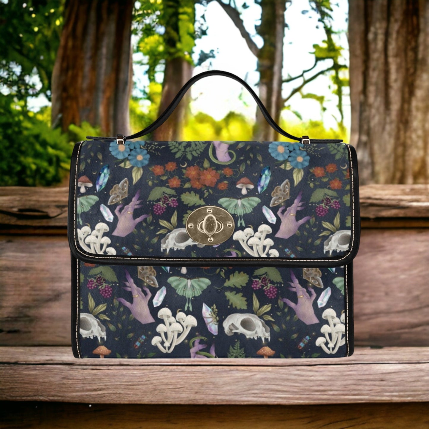 Enchanted forest skull backpack, cottagecore witchy diaper bag, mystical floral print baby bag, occult forestcore festival accessory