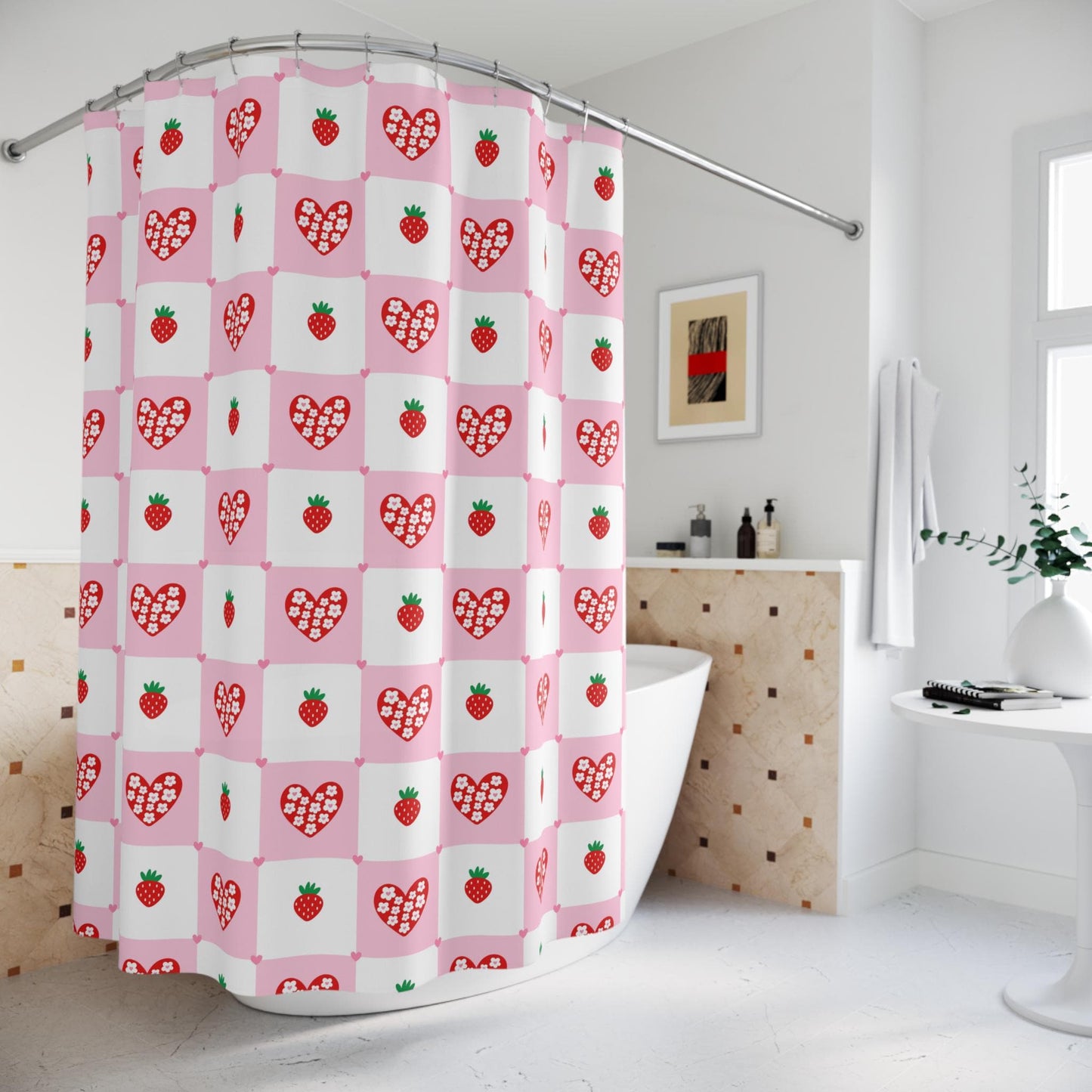 Strawberry Shower Curtain, Pink Check Bathroom Curtain, Coquette Heart Bath Decor