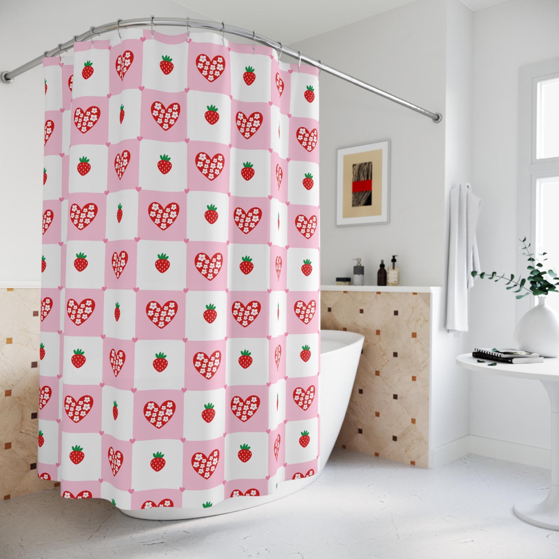 Strawberry Shower Curtain, Pink Check Bathroom Curtain, Coquette Heart Bath Decor