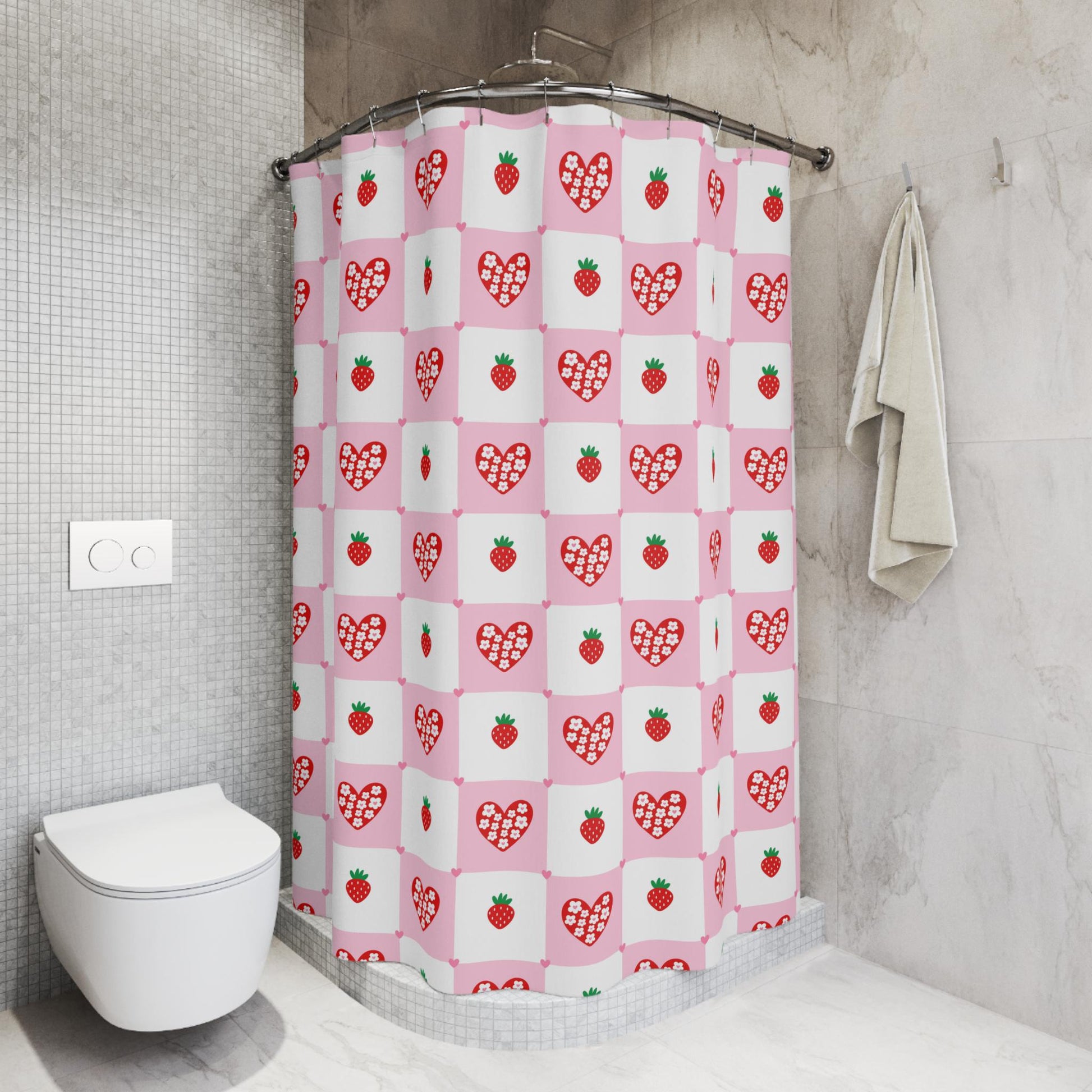 Strawberry Shower Curtain, Pink Check Bathroom Curtain, Coquette Heart Bath Decor