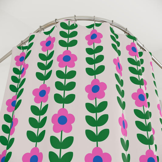 Retro flower shower curtain, bold pink green floral print decor, dopamine vintage aesthetic bath style, colorful girly home update, gift