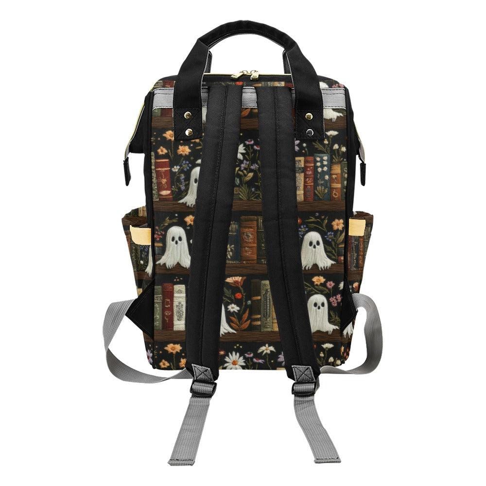 Ghost Book Backpack, Spooky Floral Diaper Bag for Goth Moms, Witchy Baby Travel Backpack, Cute Bookworm Bag, Halloween Gift for Her