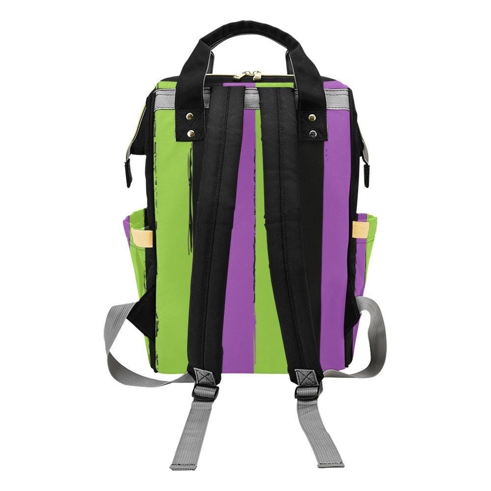 Purple Green Striped Witchcore Backpack, Spooky Diaper Bag for Creepy Cute Moms, Bold Goth Baby Bag Idea, Aesthetic Bookbag Gift for her