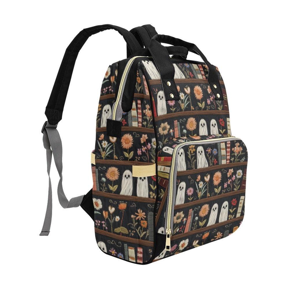 Ghosts and Books Backpack, Floral Diaper Bag for Witchy Moms, Dark Academia Baby Bag, Cottagecore Organizer, Spooky Cute Gift for Her
