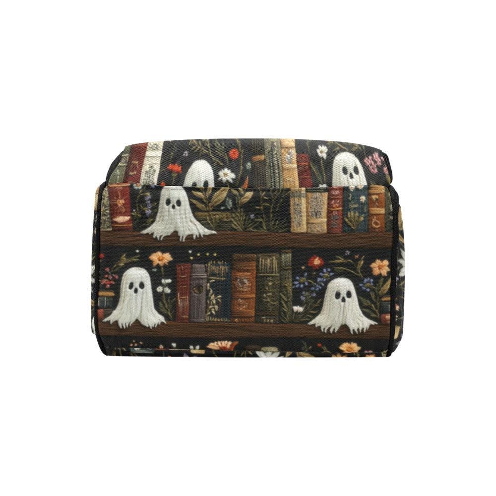 Ghost Book Backpack, Spooky Floral Diaper Bag for Goth Moms, Witchy Baby Travel Backpack, Cute Bookworm Bag, Halloween Gift for Her