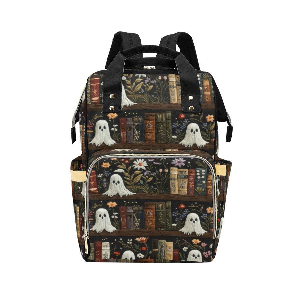 Ghost Book Backpack, Spooky Floral Diaper Bag for Goth Moms, Witchy Baby Travel Backpack, Cute Bookworm Bag, Halloween Gift for Her