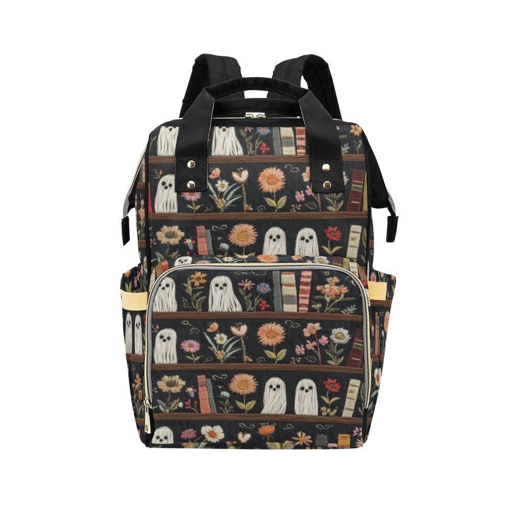 Ghosts and Books Backpack, Floral Diaper Bag for Witchy Moms, Dark Academia Baby Bag, Cottagecore Organizer, Spooky Cute Gift for Her