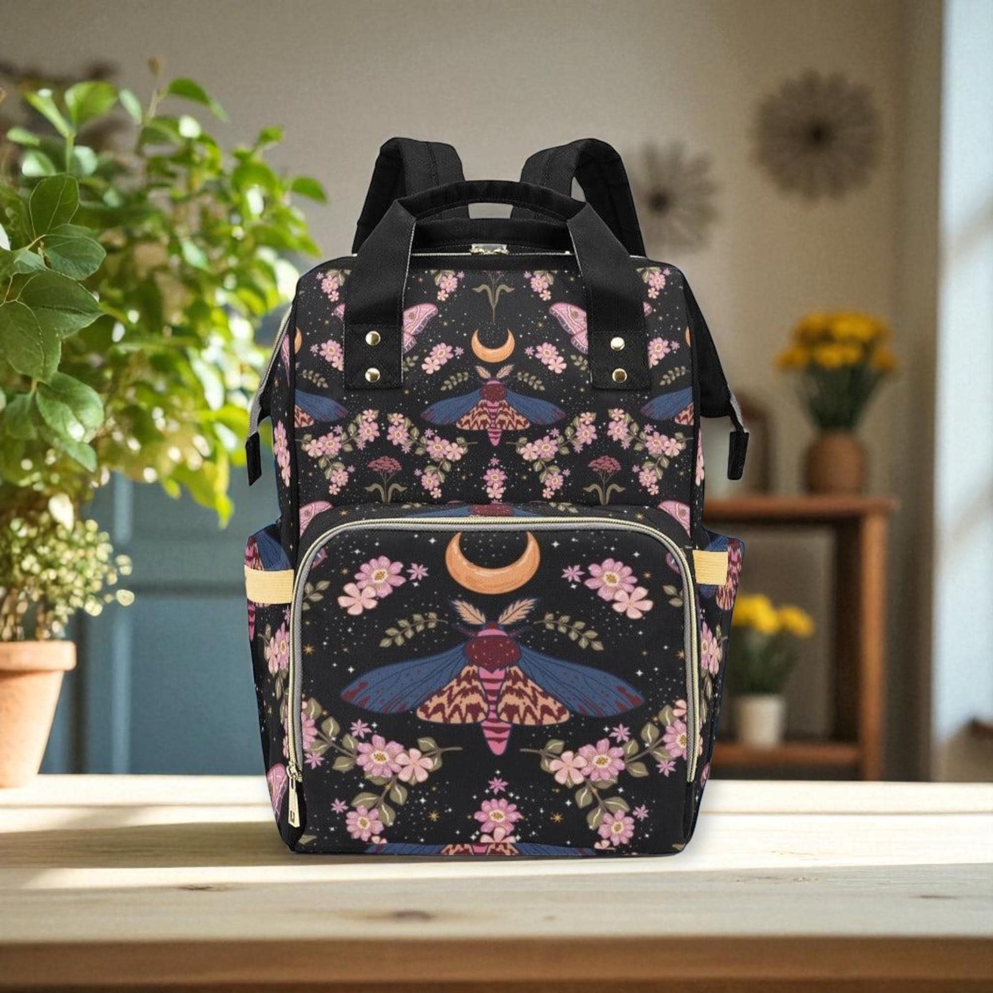 Moth Moon Backpack, Witchy Diaper Bag for Magical Moms, Celestial Baby Backpack Organizer, Dark Fairycore Travel Bag,Mystical Goth Gift Idea
