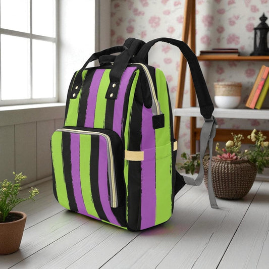 Purple Green Striped Witchcore Backpack, Spooky Diaper Bag for Creepy Cute Moms, Bold Goth Baby Bag Idea, Aesthetic Bookbag Gift for her