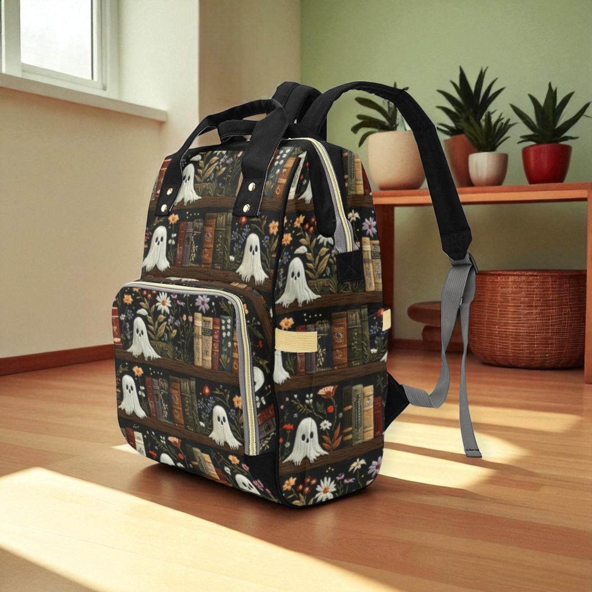 Haunted bookshelf backpack, ghost library diaper bag, spooky cottagecore school bag, enchanted dark academia baby backpack, reading mom bag