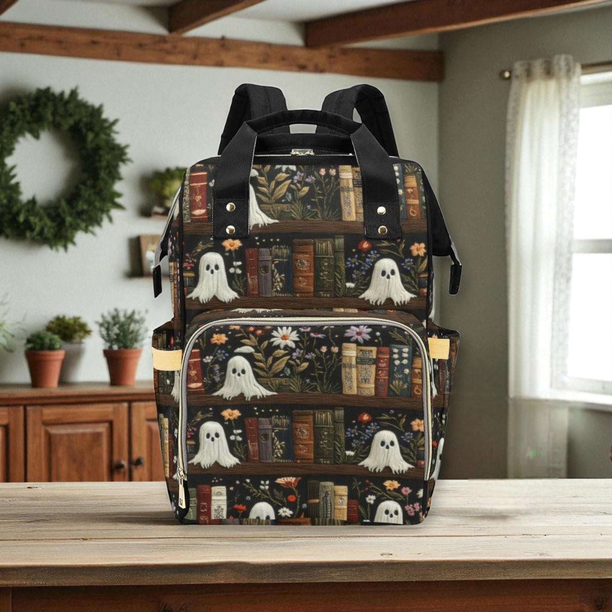 Haunted bookshelf backpack, ghost library diaper bag, spooky cottagecore school bag, enchanted dark academia baby backpack, reading mom bag