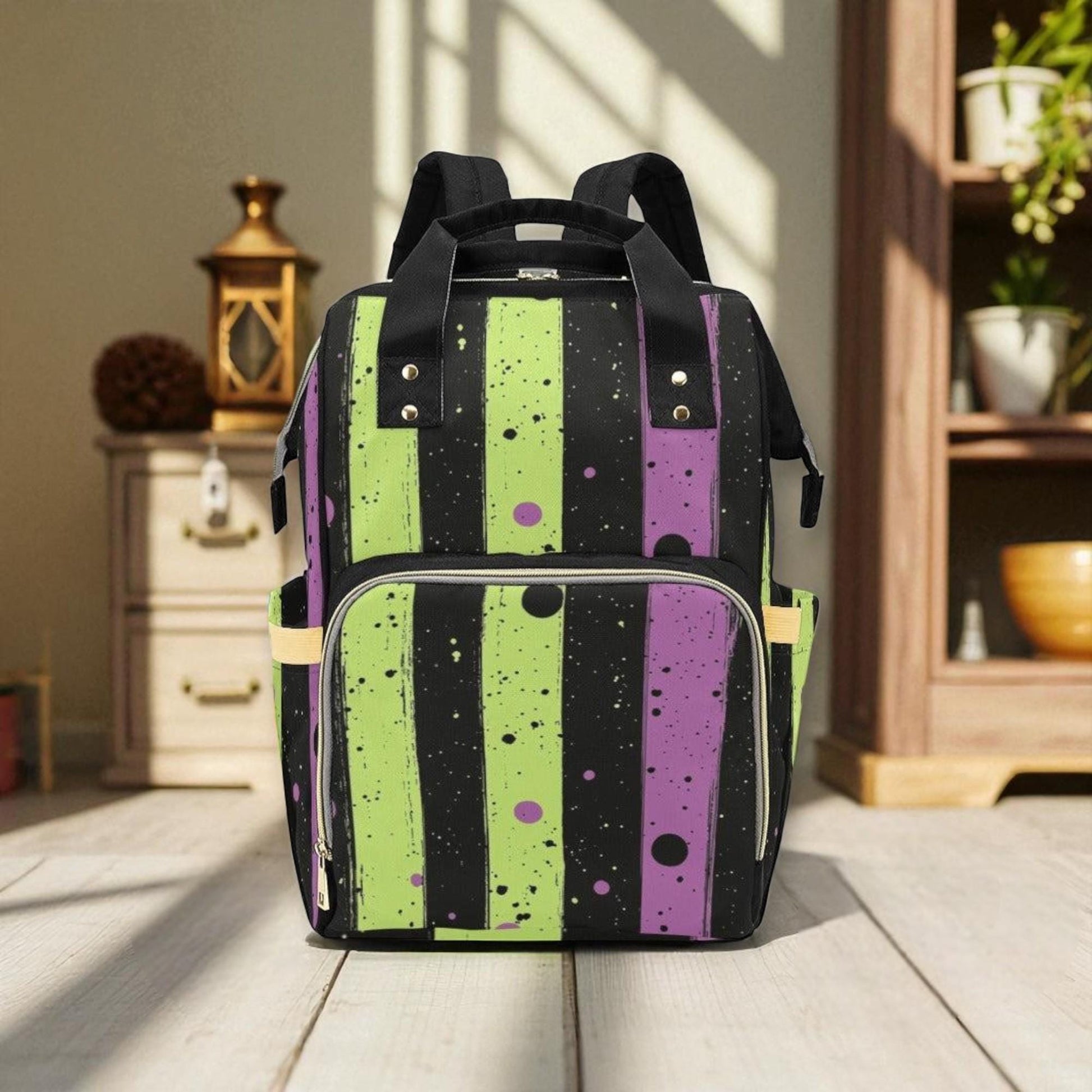 Witchy Splatter Stripes Bag, Green and Purple Backpack for Alt Girls, Spooky Cute Diaper Bag Idea, Pastel Goth Bookbag Gift for Her