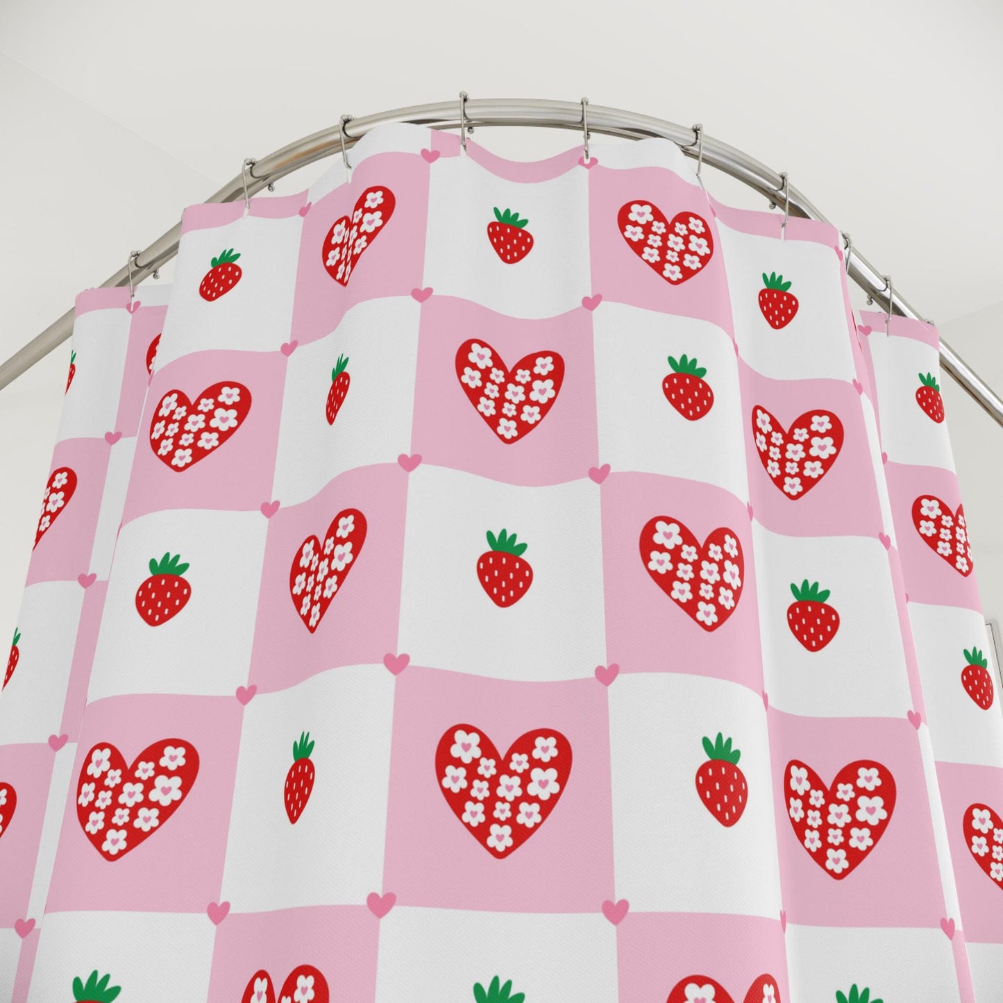 Strawberry Shower Curtain, Pink Check Bathroom Curtain, Coquette Heart Bath Decor