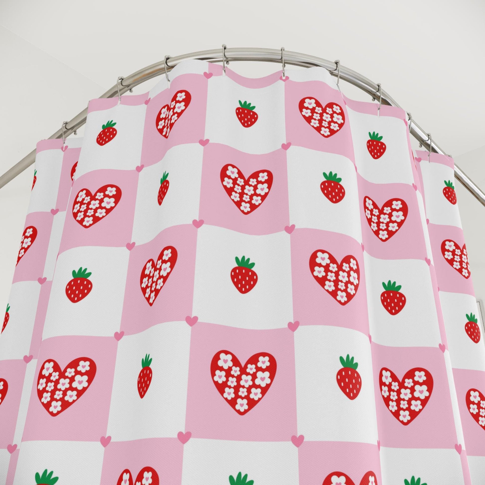 Strawberry Shower Curtain, Pink Check Bathroom Curtain, Coquette Heart Bath Decor