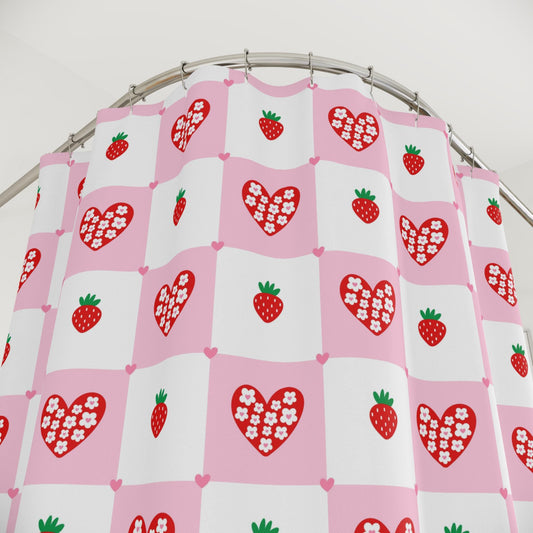 Strawberry Shower Curtain, Pink Check Bathroom Curtain, Coquette Heart Bath Decor