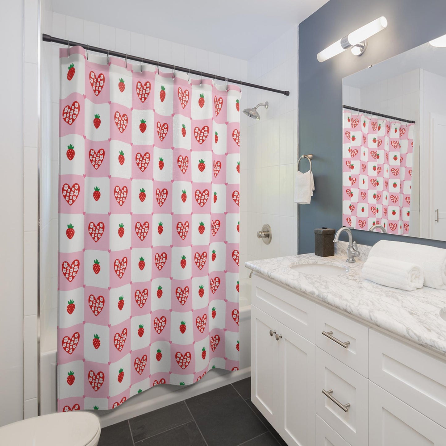 Strawberry Shower Curtain, Pink Check Bathroom Curtain, Coquette Heart Bath Decor