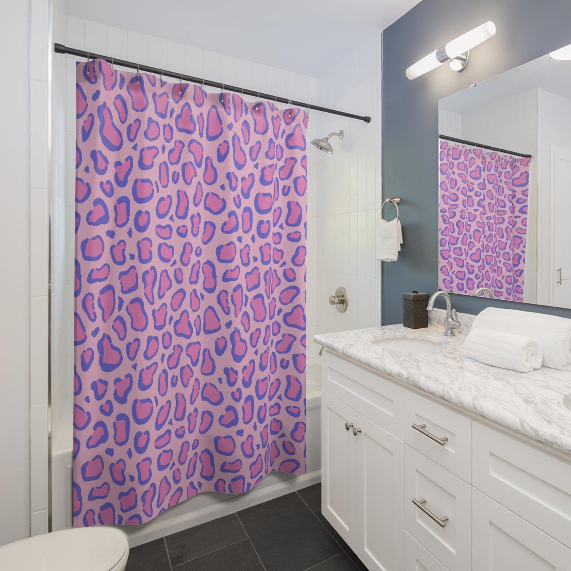 Pink Leopard Shower Curtain, Purple Cheetah Print Bathroom Decor, Funky Maximalist Bath