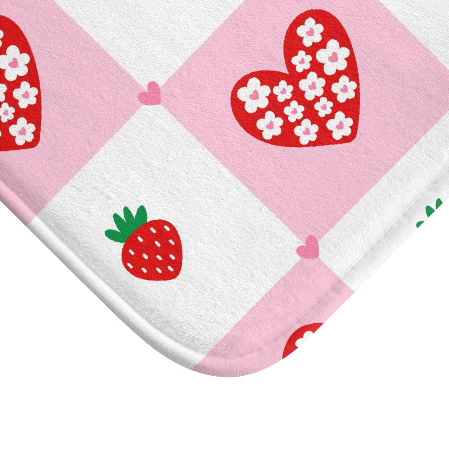 Strawberry Shower Curtain, Pink Check Bathroom Curtain, Coquette Heart Bath Decor